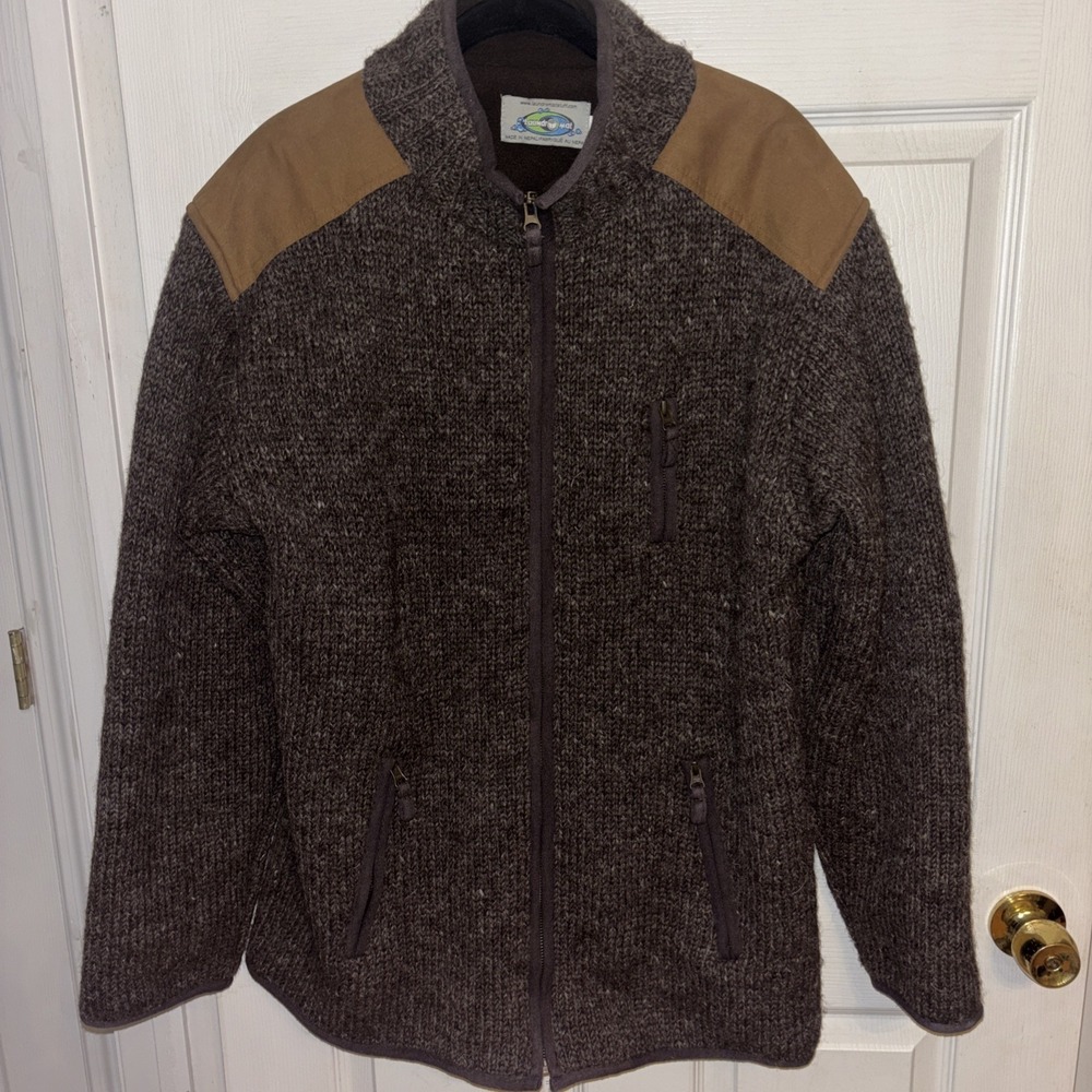 Laundromat Wool Sweater Jacket Men's XL Brown Zip Fleece Lined Nepal Heavy Coat